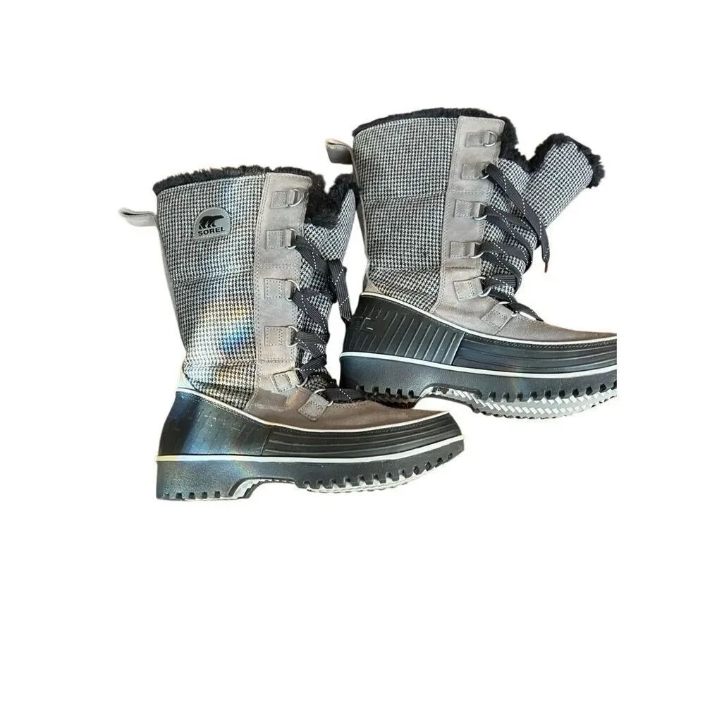 Sorel Joan Of Arctic houndstooth Winter Boots Womens Sz 8.5 Faux Fur